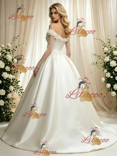 Ivory Satin Long Sleeve Flower Wedding Dress