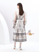 V-neck Lantern Sleeve Long Retro Print Dress