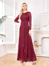 Burgundy Sequins Long Sleeve Prom Dress