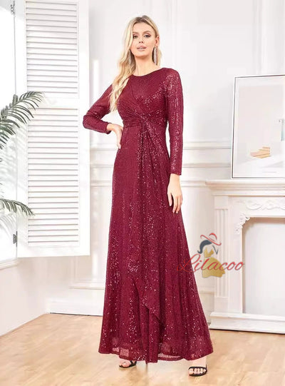 Burgundy Sequins Long Sleeve Prom Dress