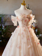Champagne Tulle Off the Shoulder 3D Flower Prom Dress