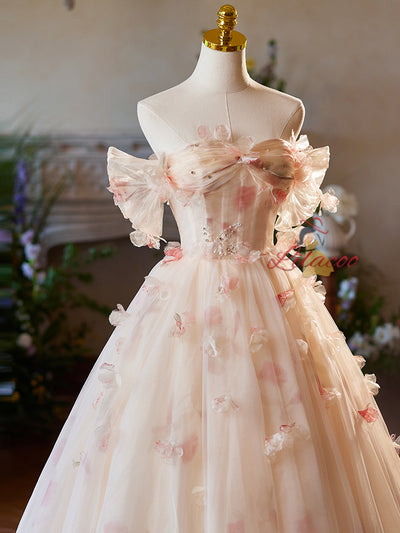 Champagne Tulle Off the Shoulder 3D Flower Prom Dress