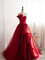Burgundy Satin Tulle Pleats Prom Dress