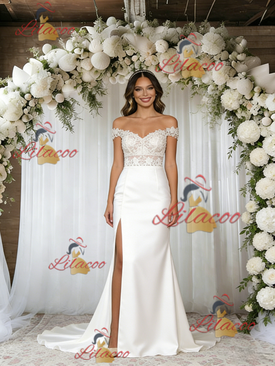 White Mermaid Satin Lace Off the Shoulder Wedding Dress