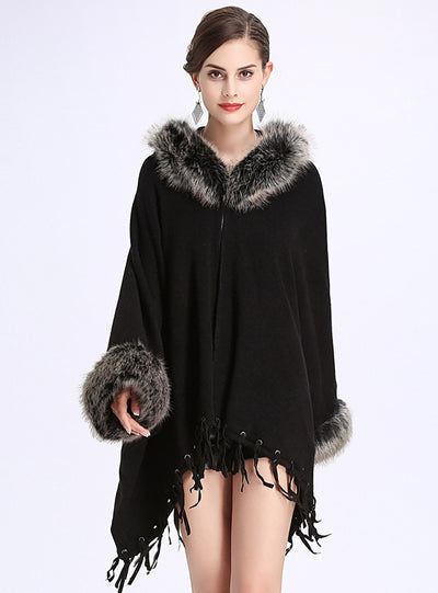 Large Size Loose Tassel Hooded Knitted Shawl Cloak