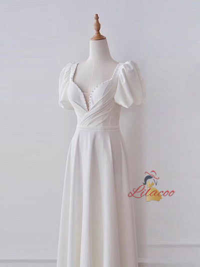 White Satin Puff Sleeve Pearls Wedding Dress