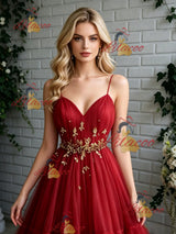 Red Tulle Spaghetti Straps Pleats Prom Dress