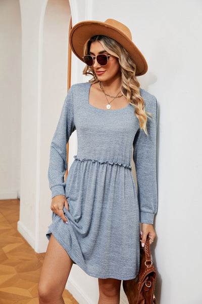 Solid Color Square Neck Long Sleeve Loose Dress