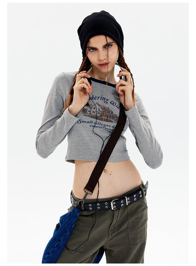 Retro Long Sleeve Slim Round Neck T-shirt