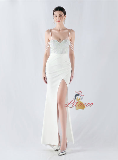 Mermaid Spaghetti Straps Beading Split Prom Dress