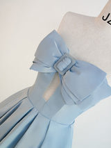 Blue Satin Strapless Pleats Bow Prom Dress