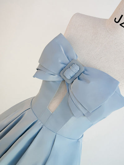 Blue Satin Strapless Pleats Bow Prom Dress