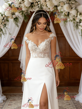 White Satin Lace Off the Shoulder Split Wedding Dress