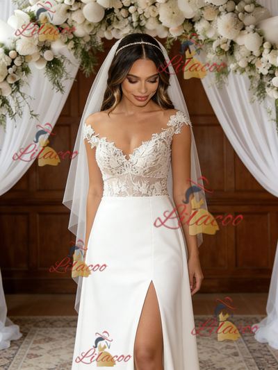 White Satin Lace Off the Shoulder Split Wedding Dress