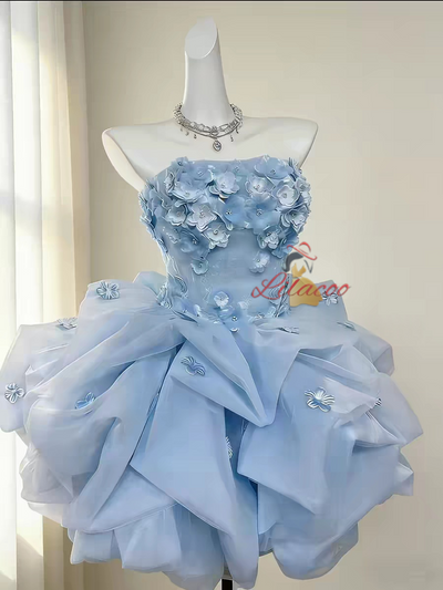 Blue Tulle Strapless Flower Homecoming Dress