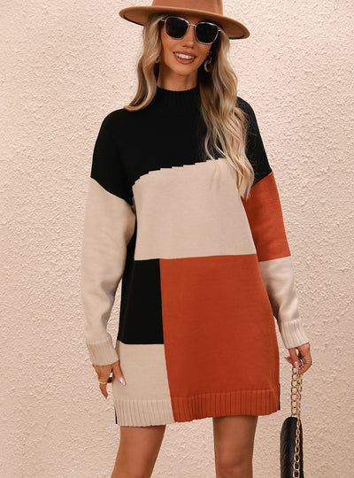 Colour Matching Round Neck Long Sweater