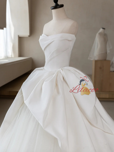 Simple White Satin Tulle Strapless Wedding Dress