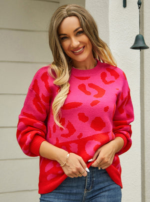 Leopard Print Stitching Round Neck Sweater