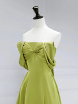 Green Satin Off the Shoulder Pleats Prom Dress