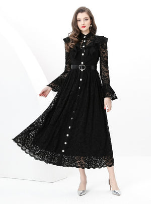 Wooden Ear Spliced Lace Long Dress