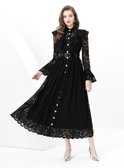 Wooden Ear Spliced Lace Long Dress