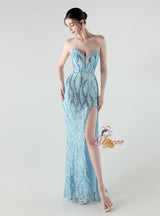 Mermaid Sequins Strapless Split Beading Prom Dress