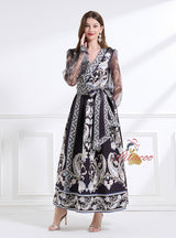 Retro Palace Printed Long Bubble Sleeve Dress