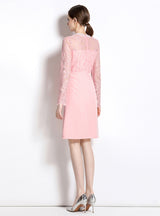 Pink V-neck Lace Long Sleeve Dress