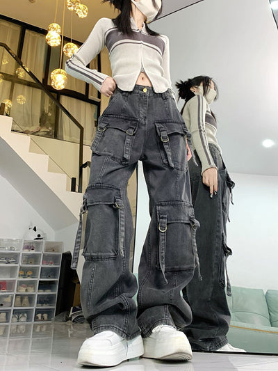 Retro High Waist Loose Straight Pocket Jeans