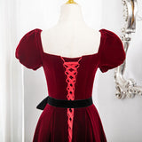 Burgundy Velvet Puff Sleeve Prom Dress