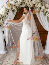 White Satin Lace Off the Shoulder Split Wedding Dress