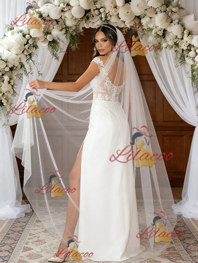 White Satin Lace Off the Shoulder Split Wedding Dress