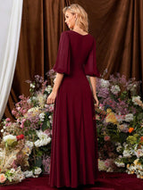 Burgundy Short Sleeve V-neck Prom Dress
