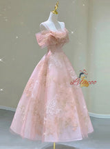Pink Tulle Lace Straps Prom Dress