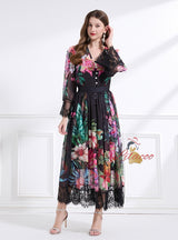V-neck Lace Printing Dress Three-piece Suit
