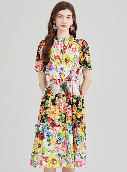 Printed Contrast High Waist Slim Short Sleeve Dress