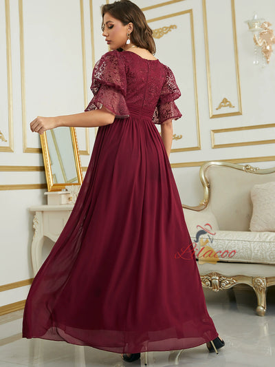 Burgundy Chiffon Short Sleeve Party Dress
