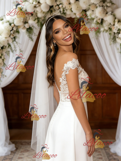 White Satin Lace Off the Shoulder Split Wedding Dress