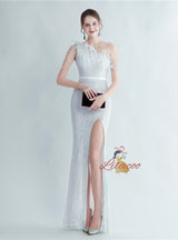 Mermaid Sequins One Shoulder Beading Split Prom Dress