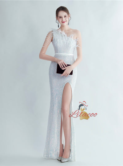 Mermaid Sequins One Shoulder Beading Split Prom Dress