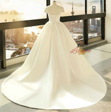 Ball Gown White Satin Cap Sleeve Wedding Dress