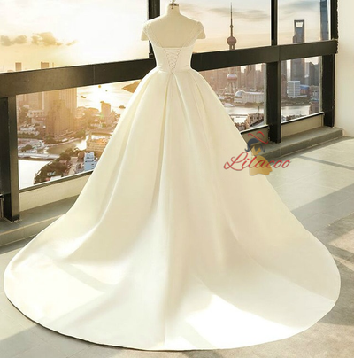Ball Gown White Satin Cap Sleeve Wedding Dress