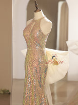 Gold Sequins Beading Backless Prom Dress