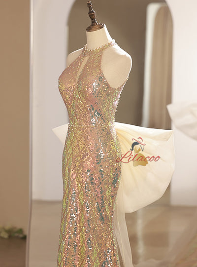 Gold Sequins Beading Backless Prom Dress