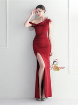 Navy Blue One Shoulder Split Prom Dress