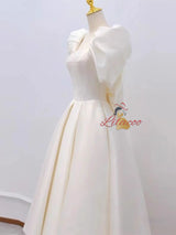 Ivory Satin Square Puff Sleeve Wedding Dress