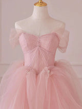 Pink Tulle Beading Pleats Prom Dress