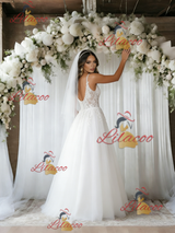 White Tulle Lace V-neck Wedding Dress