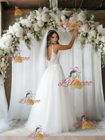 White Tulle Lace V-neck Wedding Dress