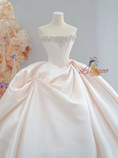 Ivory Satin Strapless Pleats Wedding Dress